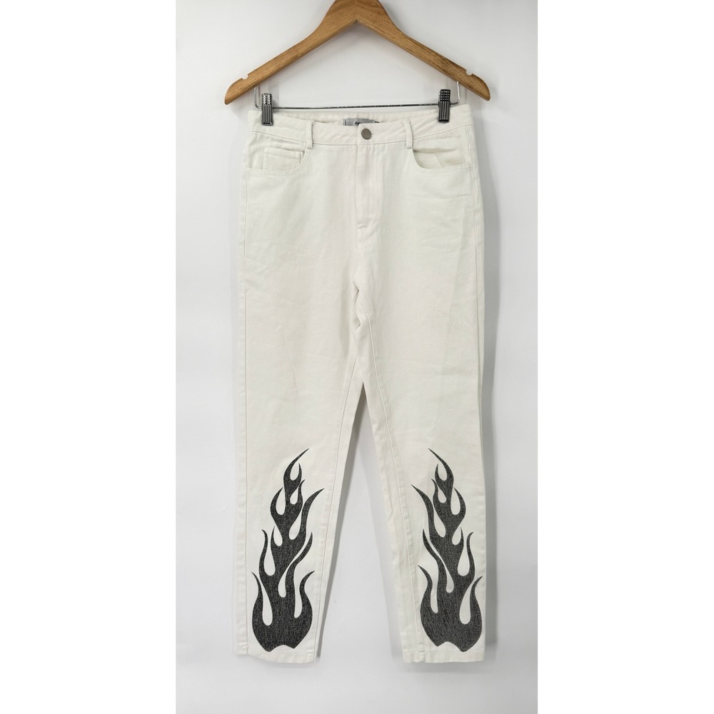 Adika Flame Print Jeans Womens Size Medium White Black Graphic Streetwear Pants